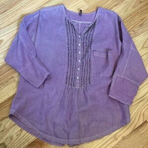 Wrap 100% Linen Tunic blouse Womens 12 Purple Lagenlook Bohemian Artsy beaded